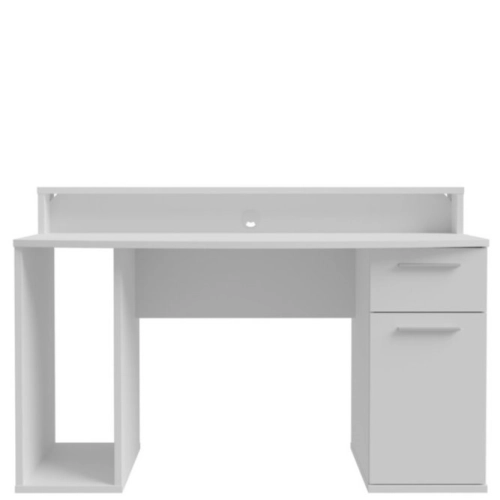 Białe biurko 140x65 cm z oświetleniem RGB i nadstawką na monitor